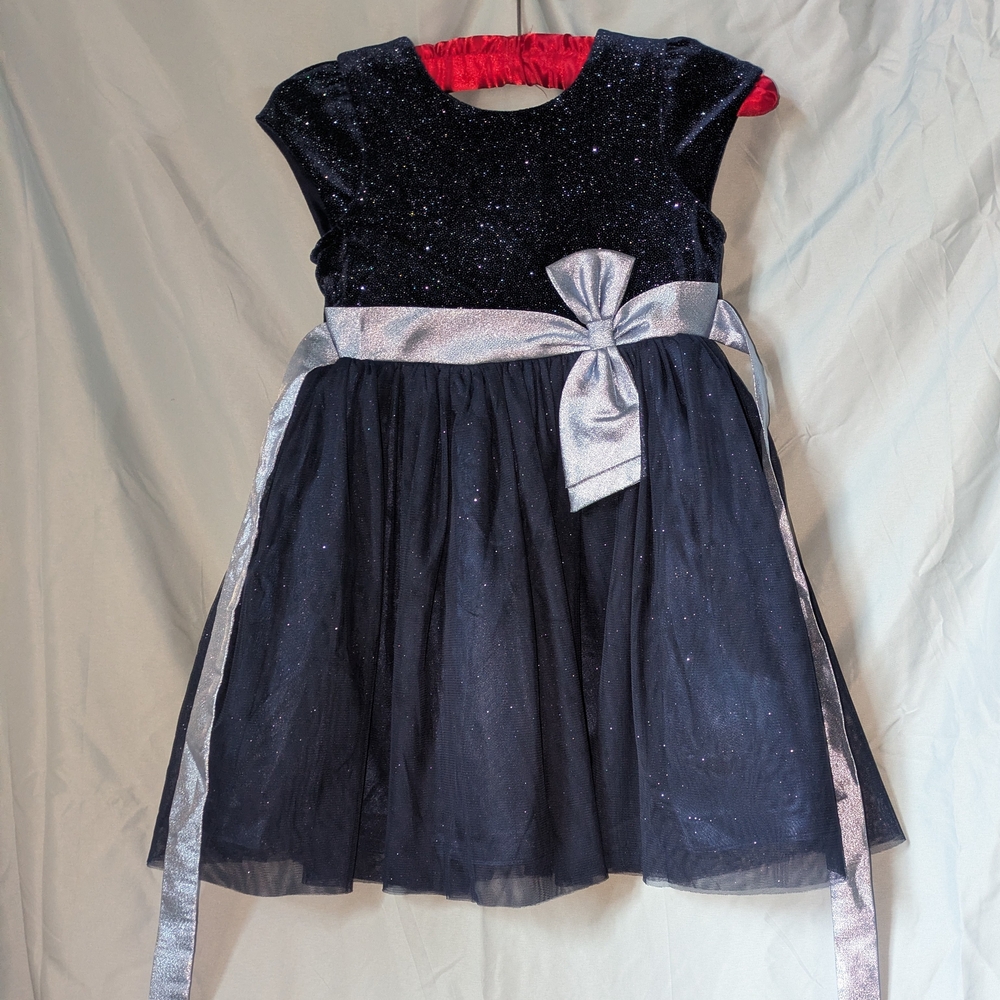 Navy Sparkle Velvet & Tulle Party Dress with Silver Sash